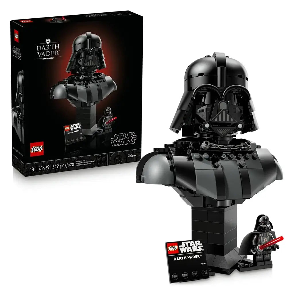 LEGO Star Wars Darth Vader bust features glossy black plastic armor details, a sculpted helmet display, character plaque and minifigure, showcased beside the retail box on a light background.