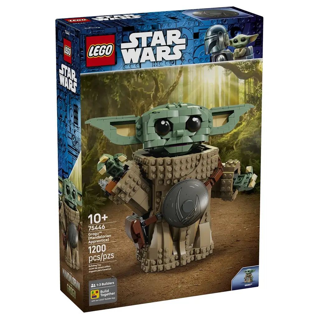 LEGO Star Wars Grogu retail box features green character artwork, tan textured robes and product branding, presented on a rectangular package against a light background.