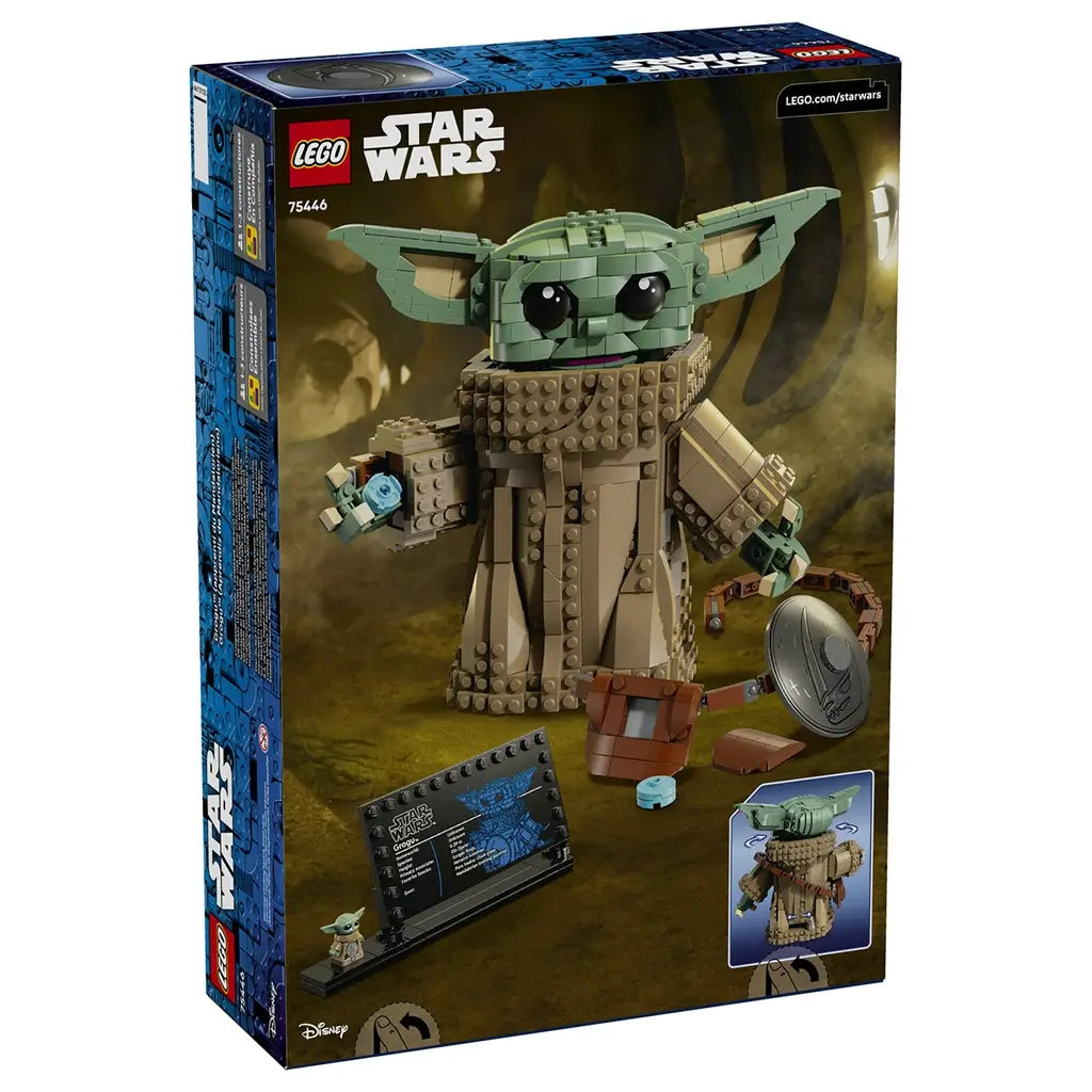 LEGO Star Wars Grogu package back shows a green brick-built character with tan textured robes, accessories and display plaque, highlighting features against a themed background.