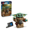 LEGO Star Wars Grogu building set shows a green brick-built character with large ears, tan textured robes and accessories beside the retail box and display plaque on a clean backdrop.
