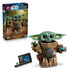 LEGO Star Wars Grogu building set shows a green brick-built character with large ears, tan textured robes and accessories beside the retail box and display plaque on a clean backdrop.
