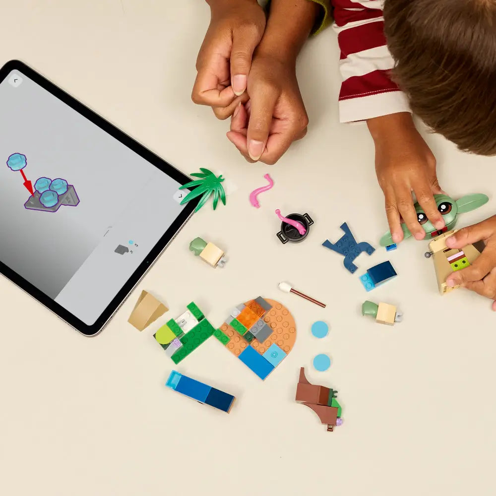 LEGO Star Wars building toy lifestyle image showing a child assembling Grogu’s Homestead pieces on a tabletop, with colorful bricks, nature elements, and digital instructions displayed on a tablet.