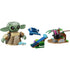 LEGO Star Wars Grogu buildable figure in light green, tan, and beige plastic with oversized ears, rounded head, robe-style body, and small blue accessories, displayed with mini scenery builds on a white background.