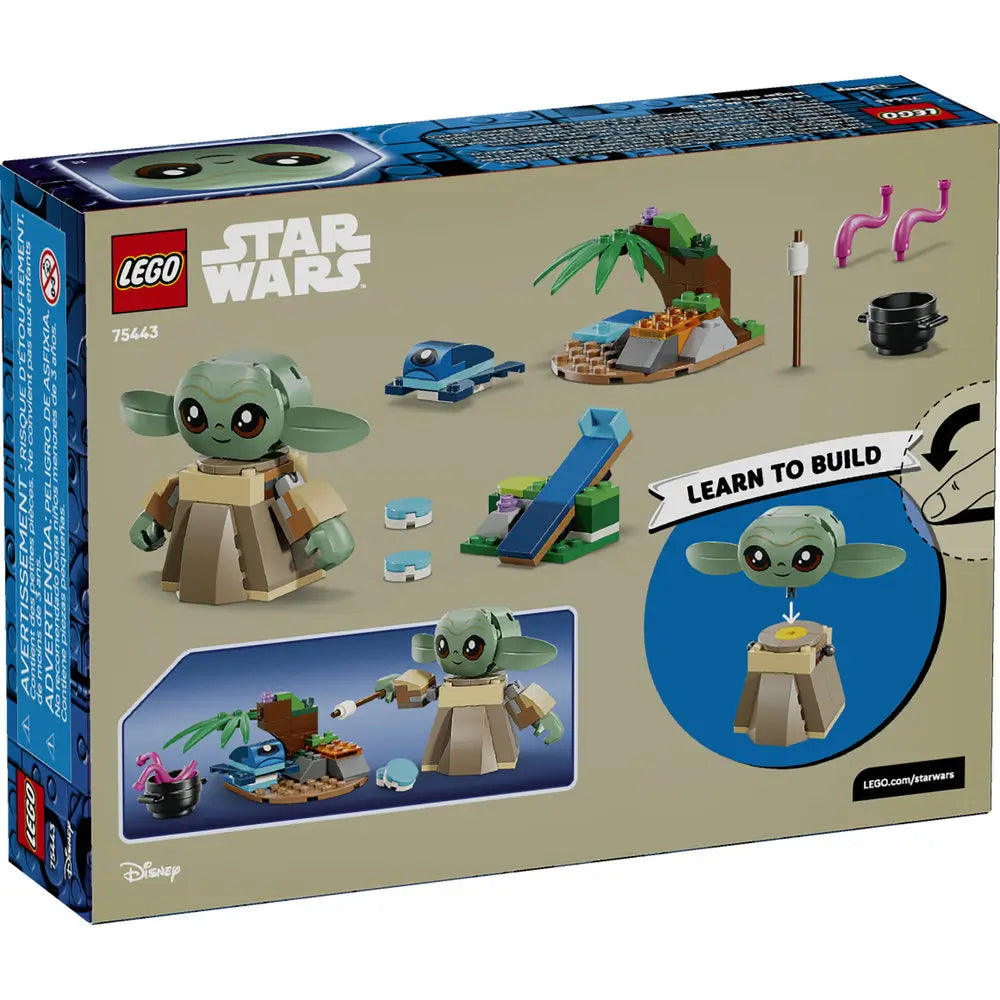 LEGO Star Wars Grogu’s Homestead box back showing learn-to-build features, included figures, accessories, and play ideas illustrated across detailed retail packaging graphics.