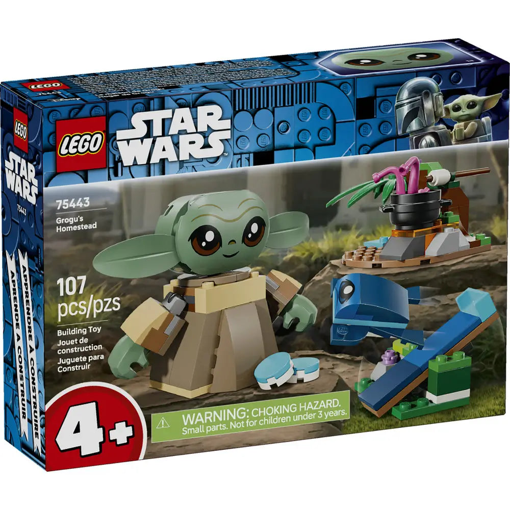 LEGO Star Wars Grogu’s Homestead box front showing Grogu with small nature builds, blue creature, and accessories, featuring LEGO branding, age 4+ label, set 75443, and 107 pieces on retail packaging.