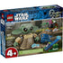 LEGO Star Wars Grogu’s Homestead box front showing Grogu with small nature builds, blue creature, and accessories, featuring LEGO branding, age 4+ label, set 75443, and 107 pieces on retail packaging.