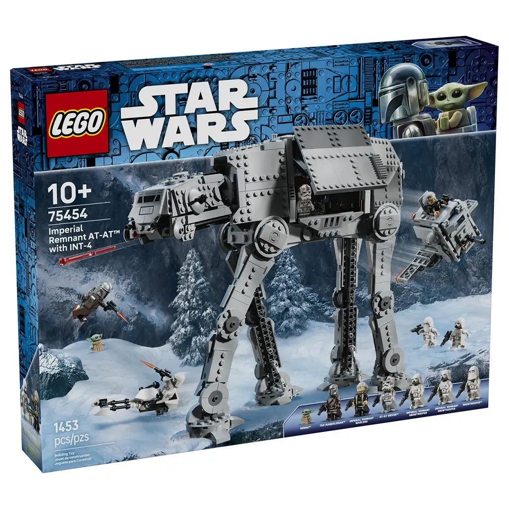 LEGO Star Wars Imperial Remnant AT-AT 75454 box in blue, showing the gray four-legged walker, INT-4 vehicle and seven minifigures in a snowy battle scene.
