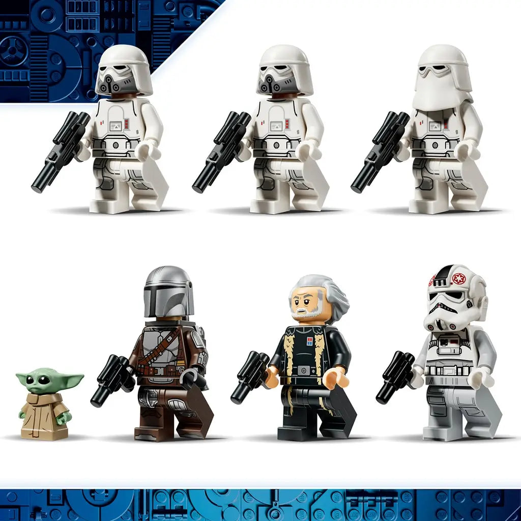 LEGO Star Wars minifigures in white, brown, black and green plastic include Grogu, The Mandalorian, Moff Gideon and Imperial troops, displayed on a white background.