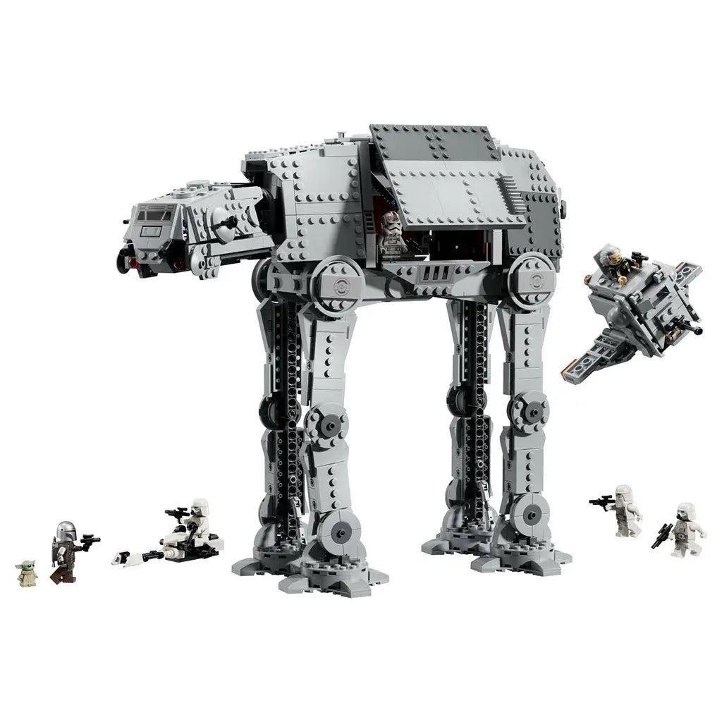 LEGO Star Wars Imperial Remnant AT-AT walker in light and dark gray plastic bricks, with four jointed legs, opening side panel, INT-4 vehicle and seven minifigures.