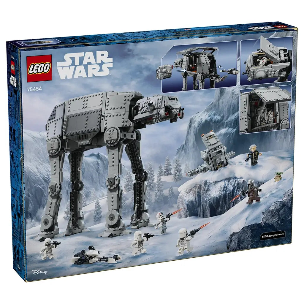 LEGO Star Wars Imperial Remnant AT-AT 75454 box back in blue, showing the gray walker in a snowy battle scene with opening panels, INT-4 vehicle and minifigures.