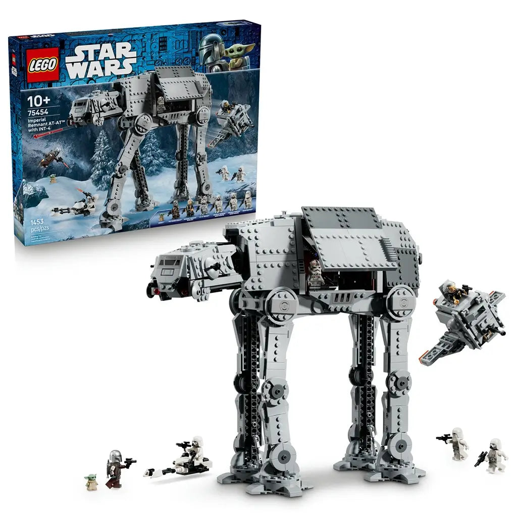 LEGO Star Wars Imperial Remnant AT-AT 75454 set in gray plastic bricks, shown with retail box, four-legged walker, INT-4 vehicle and seven character minifigures.