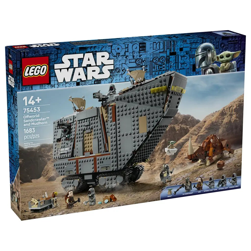 LEGO Star Wars Offworld Sandcrawler 75453 box shows the gray tracked vehicle, Grogu, the Mandalorian and brown Mudhorn in a rocky desert scene, labeled as a 1,683-piece set.