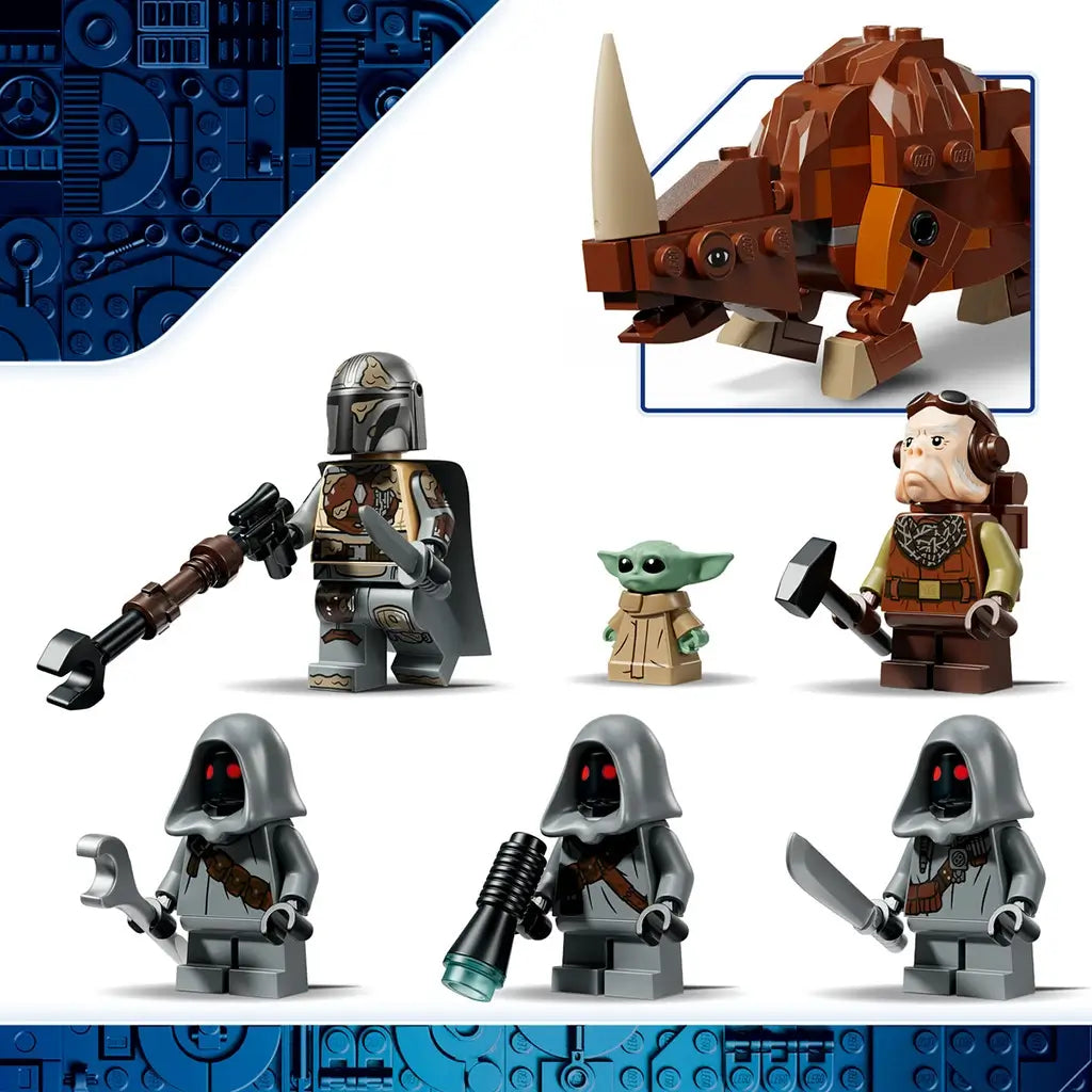 LEGO Star Wars minifigures in gray, brown, tan and green plastic include the Mandalorian, Grogu, Kuiil, three Jawas and a brick-built Mudhorn on a white background.