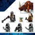 LEGO Star Wars minifigures in gray, brown, tan and green plastic include the Mandalorian, Grogu, Kuiil, three Jawas and a brick-built Mudhorn on a white background.