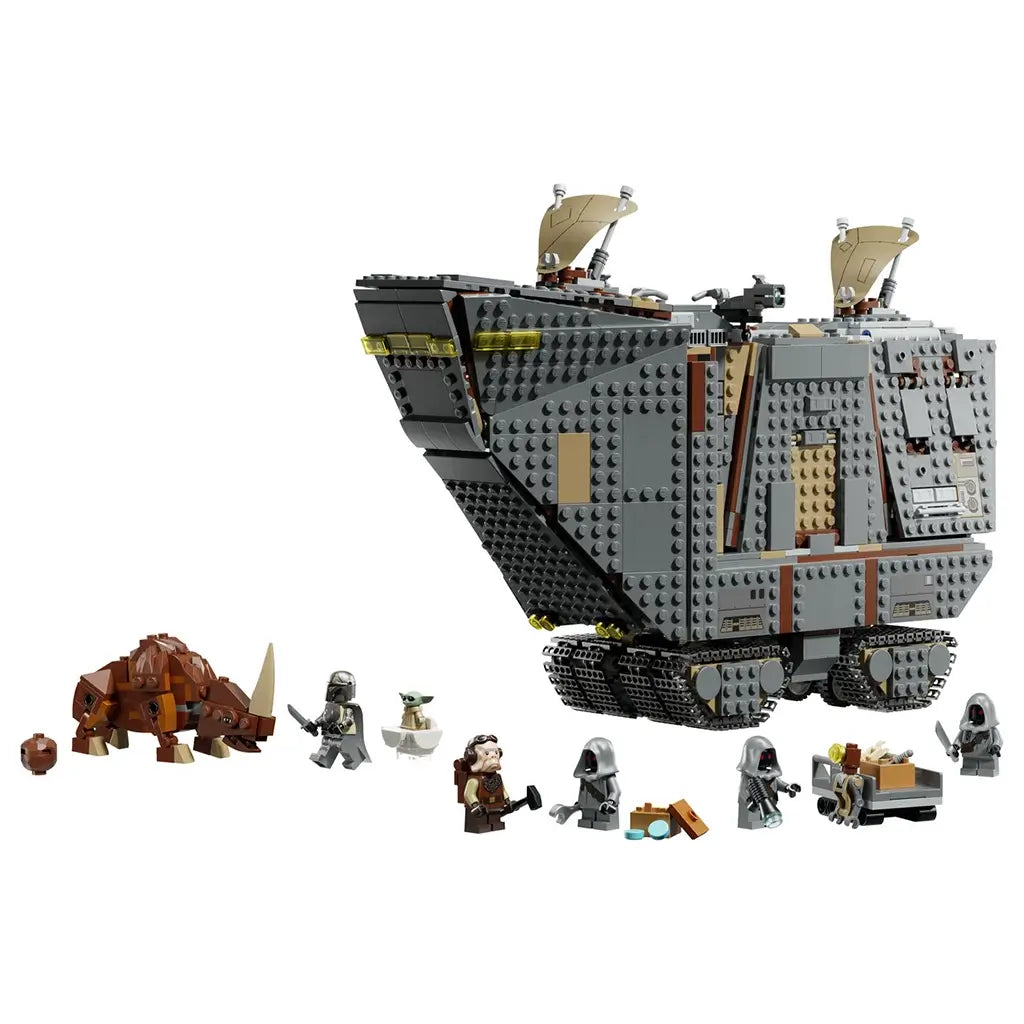 LEGO Star Wars Offworld Sandcrawler in gray plastic features black crawler tracks, tan sails, minifigures, Grogu and a brown Mudhorn arranged on a clean white background.