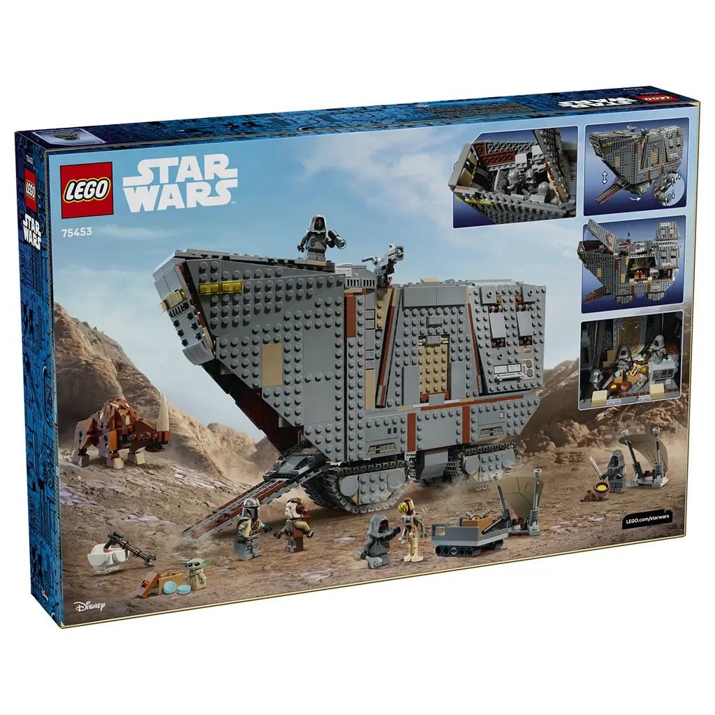 LEGO Star Wars Offworld Sandcrawler 75453 package back shows the gray tracked vehicle in a rocky desert scene with minifigures, Grogu, Mudhorn and inset images of play features.