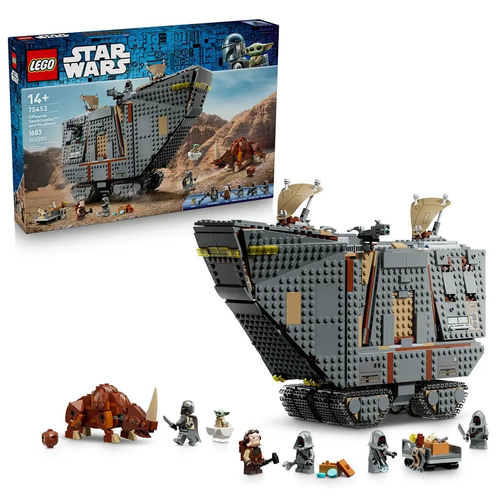 LEGO Star Wars Offworld Sandcrawler set pairs the large gray tracked vehicle with its blue retail box, minifigures, Grogu and brown Mudhorn model on a white background.