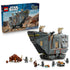 LEGO Star Wars Offworld Sandcrawler set pairs the large gray tracked vehicle with its blue retail box, minifigures, Grogu and brown Mudhorn model on a white background.