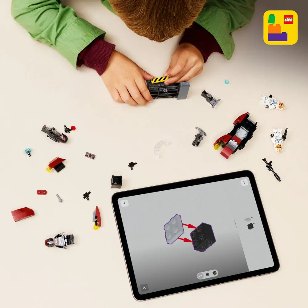 LEGO Star Wars Mandalorian and Clone Trooper minifigures in white, gray, red, and black plastic with printed armor, helmets, and weapons, arranged side by side on a neutral studio background.