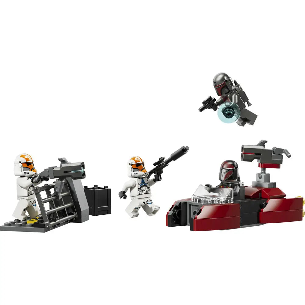 LEGO Star Wars Siege of Mandalore Battle Pack scene in white, gray, and dark red plastic showing Clone Troopers and Mandalorian Super Commandos with blasters, jetpacks, and a small turret on a plain white background.