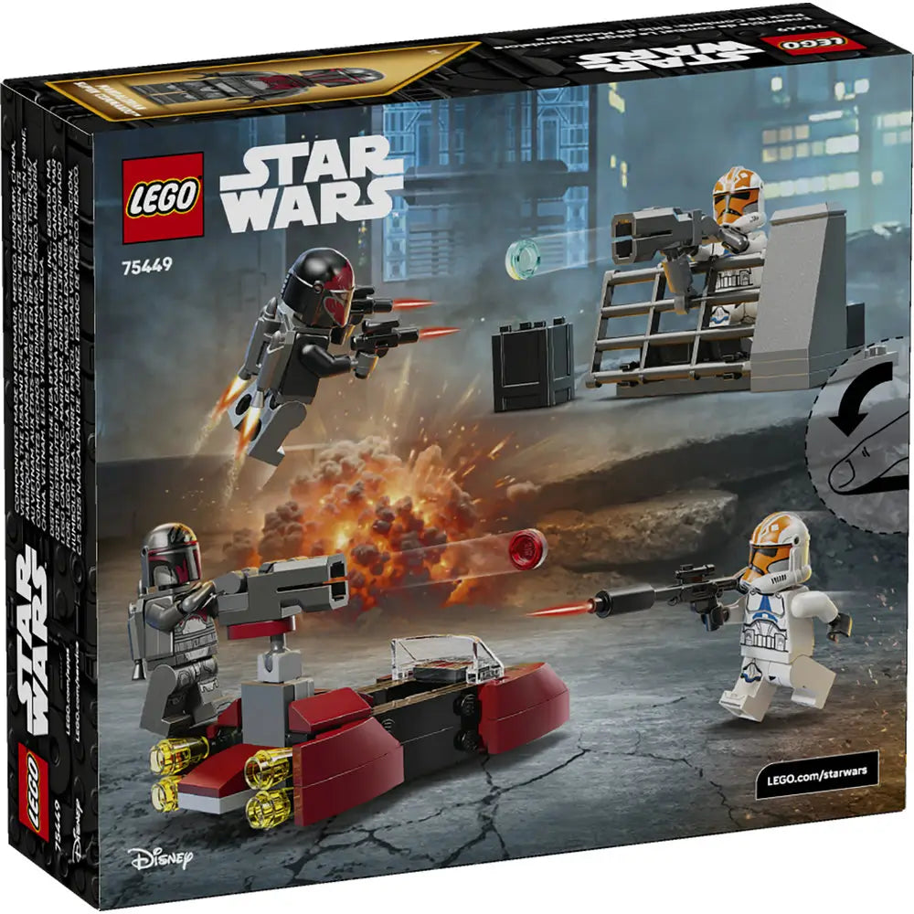 LEGO Star Wars Siege of Mandalore Battle Pack box back showing action features, play scenarios, included minifigures, accessories, and alternate angles illustrated across detailed retail packaging graphics.