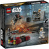 LEGO Star Wars Siege of Mandalore Battle Pack box back showing action features, play scenarios, included minifigures, accessories, and alternate angles illustrated across detailed retail packaging graphics.