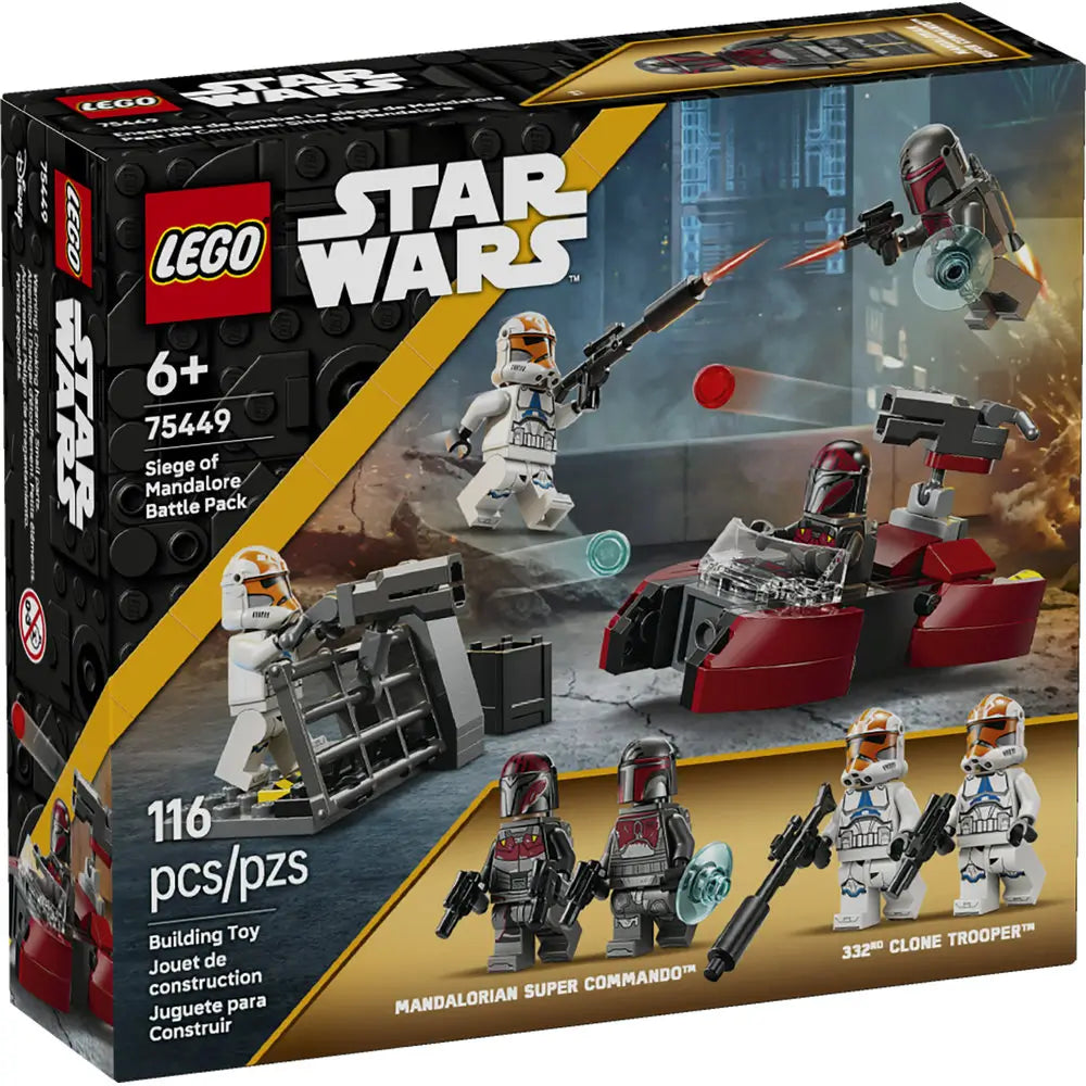 LEGO Star Wars Siege of Mandalore Battle Pack box front showing Clone Troopers fighting Mandalorian Super Commandos, with LEGO branding, age 6+, set 75449, and 116 pieces displayed on retail packaging.