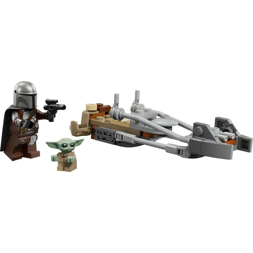 LEGO Star Wars Mandalorian speeder bike in gray and tan plastic with a long, narrow frame, twin front prongs, and exposed engine bars, designed for fast pursuit scenes and displayed on a clean white background.