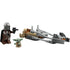 LEGO Star Wars Mandalorian speeder bike in gray and tan plastic with a long, narrow frame, twin front prongs, and exposed engine bars, designed for fast pursuit scenes and displayed on a clean white background.