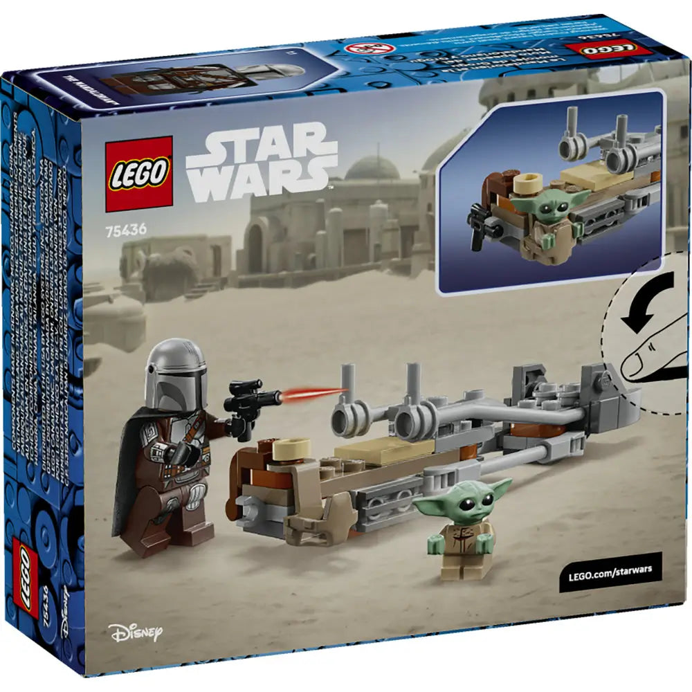 LEGO Star Wars The Mandalorian & Grogu’s Speeder Bike package back in blue cardboard, showing alternate views, play features, and character details against a printed desert background.