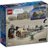 LEGO Star Wars The Mandalorian & Grogu’s Speeder Bike package back in blue cardboard, showing alternate views, play features, and character details against a printed desert background.