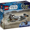 LEGO Star Wars The Mandalorian & Grogu’s Speeder Bike box front in blue cardboard, featuring printed artwork of the gray speeder, minifigures, desert scenery, age range, and piece count branding.