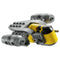 LEGO Star Wars Razor Crest spacecraft in gray, yellow and black plastic bricks, shaped as a compact starship model from The Mandalorian theme, isolated on a clean light studio background.