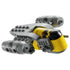 LEGO Star Wars Razor Crest spacecraft in gray, yellow and black plastic bricks, shaped as a compact starship model from The Mandalorian theme, isolated on a clean light studio background.