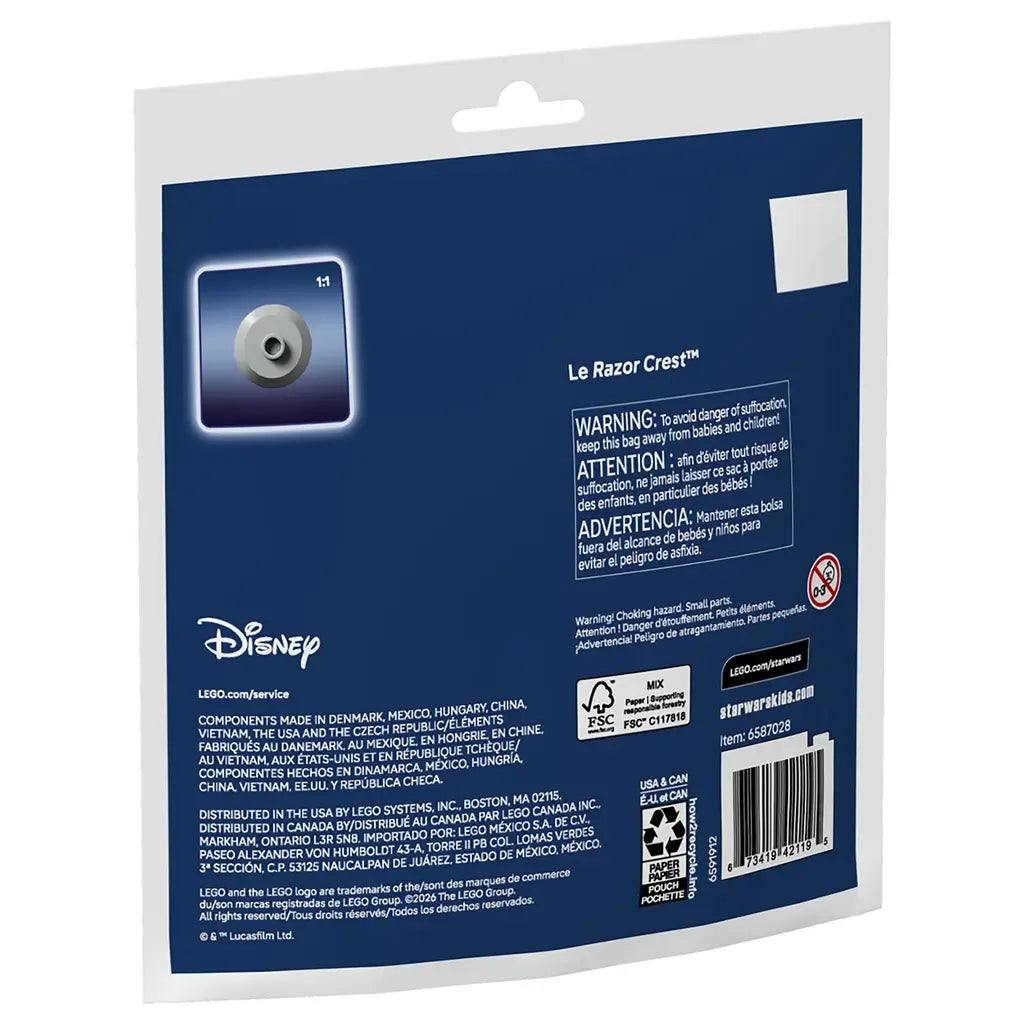 LEGO Star Wars Razor Crest building toy package back in blue and white printed material, rectangular retail pouch format showing set information, safety details and product branding on a plain backdrop.