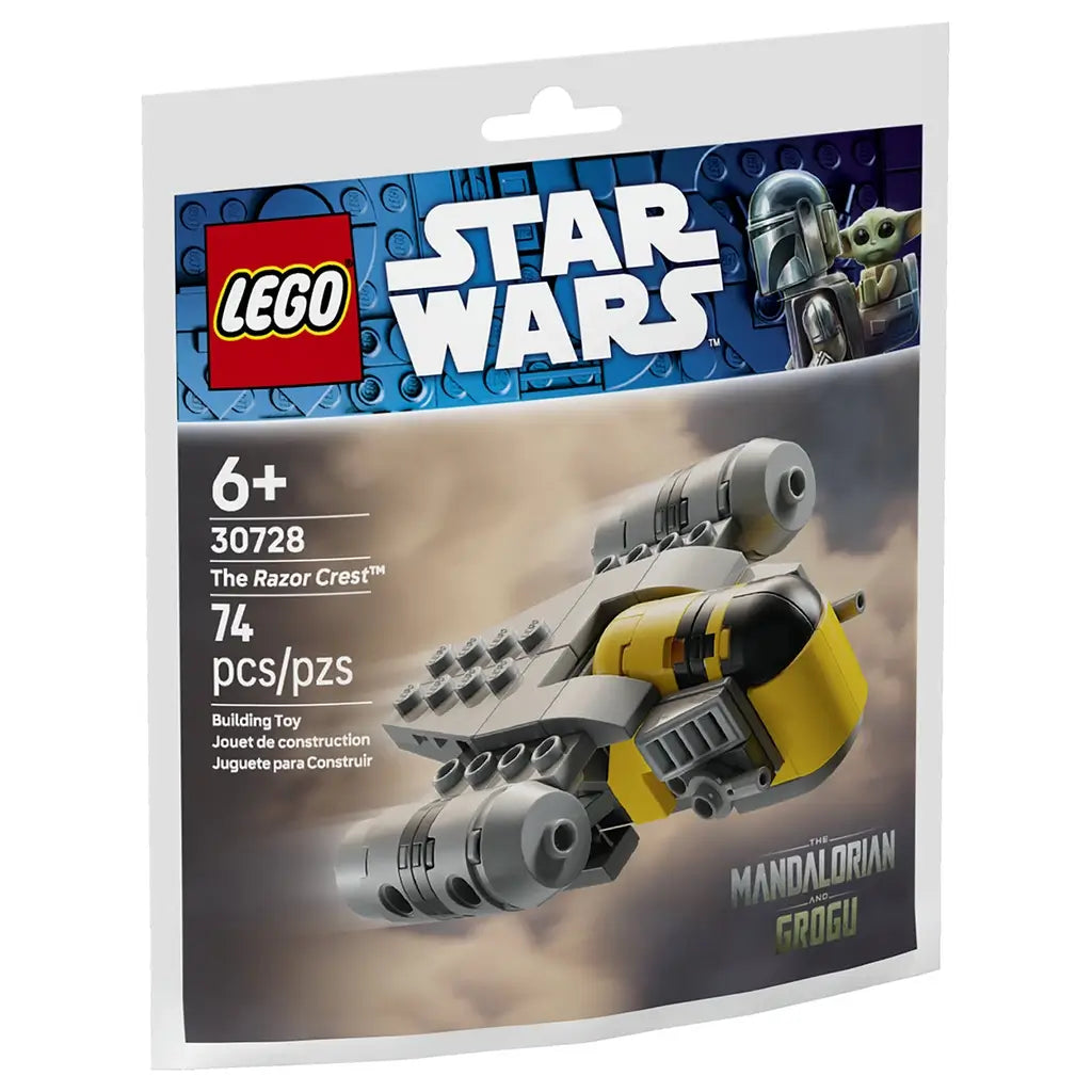 LEGO Star Wars Razor Crest microfighter set in gray and yellow plastic brick form, shaped as a compact spacecraft from The Mandalorian series, displayed on branded retail pouch packaging with cloudy background art.