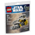 LEGO Star Wars Razor Crest microfighter set in gray and yellow plastic brick form, shaped as a compact spacecraft from The Mandalorian series, displayed on branded retail pouch packaging with cloudy background art.