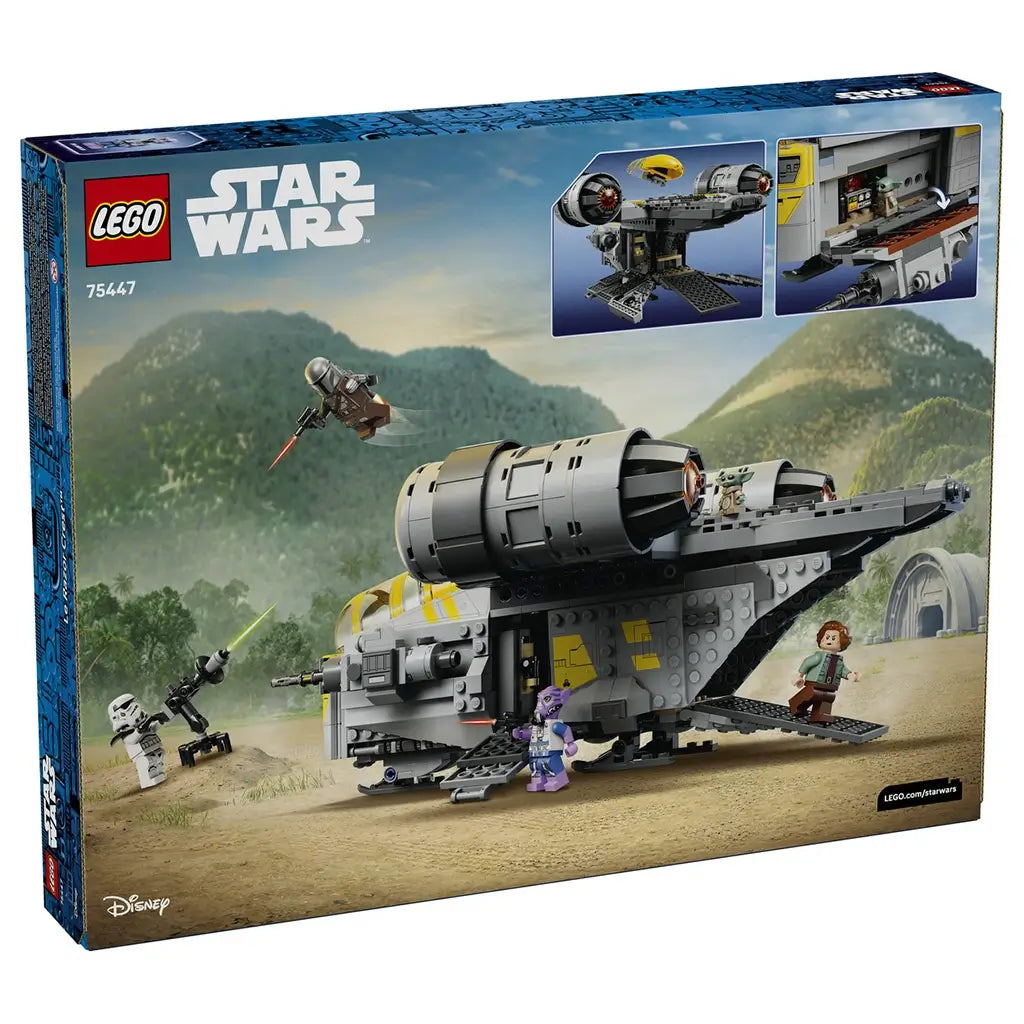 LEGO Star Wars Razor Crest playset, gray and yellow plastic spacecraft with opening compartments, twin engine structure and adventure scenes, featured on the rear retail packaging artwork.