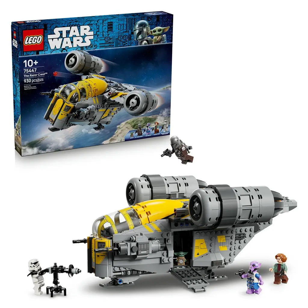 LEGO Star Wars Razor Crest toy spaceship, gray and yellow plastic starship with angular body, opening ramp and character minifigures, presented on a clean light background for display.
