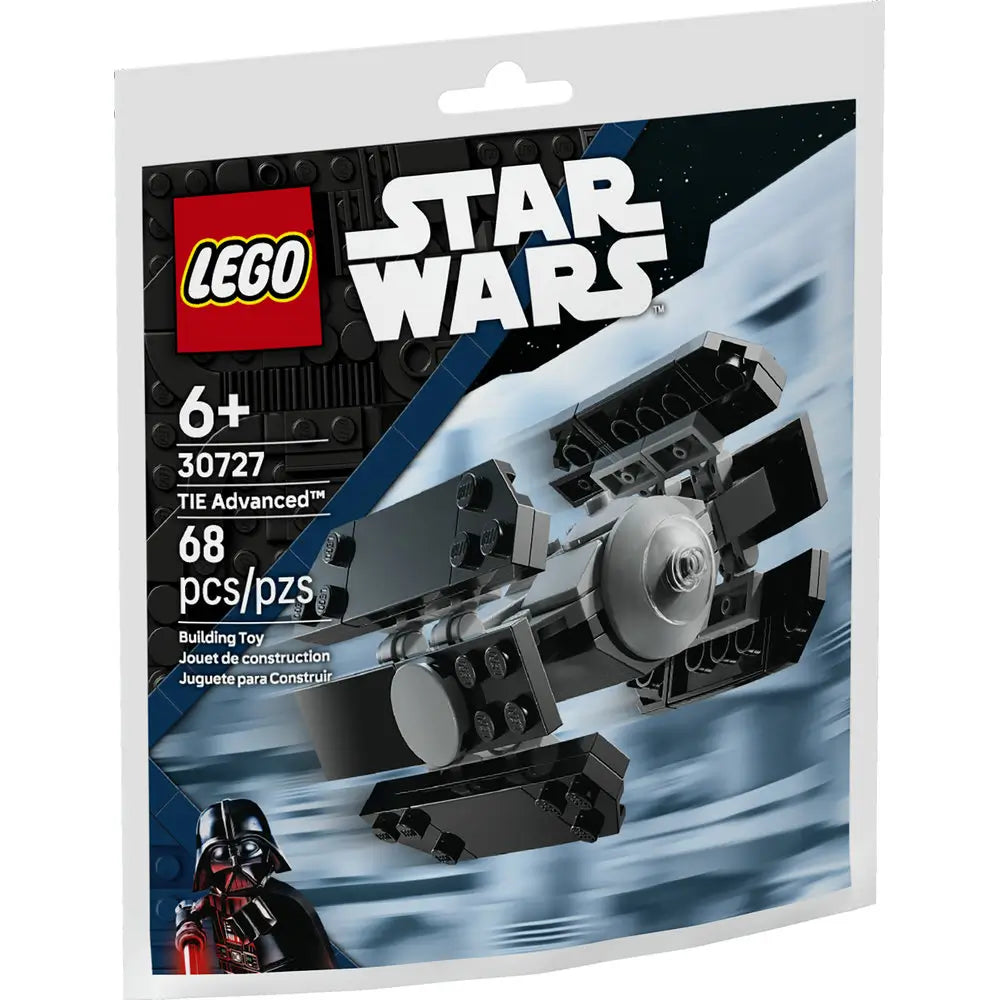 LEGO Star Wars TIE Advanced set packaging in black, blue, and gray glossy cardboard, showing the assembled starfighter in flight with LEGO and Star Wars logos, age 6+ label, and piece count on the front.
