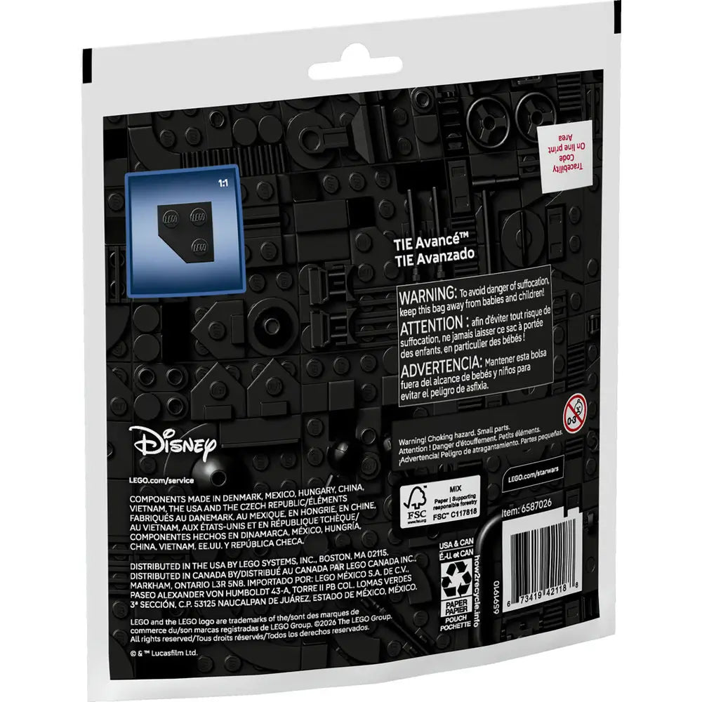 LEGO Star Wars TIE Advanced package back in black textured cardboard with molded brick pattern, showing multilingual warnings, product details, Disney branding, barcode, and recycling icons arranged across the rear panel.