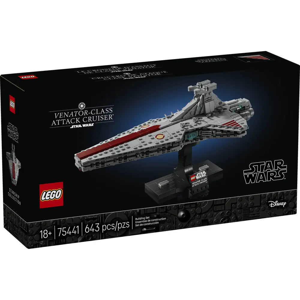 LEGO Star Wars Venator-Class Attack Cruiser building set box in matte black packaging, showing the completed gray and red cruiser on a display stand, with Star Wars branding, age rating, set number, and piece count on the front.