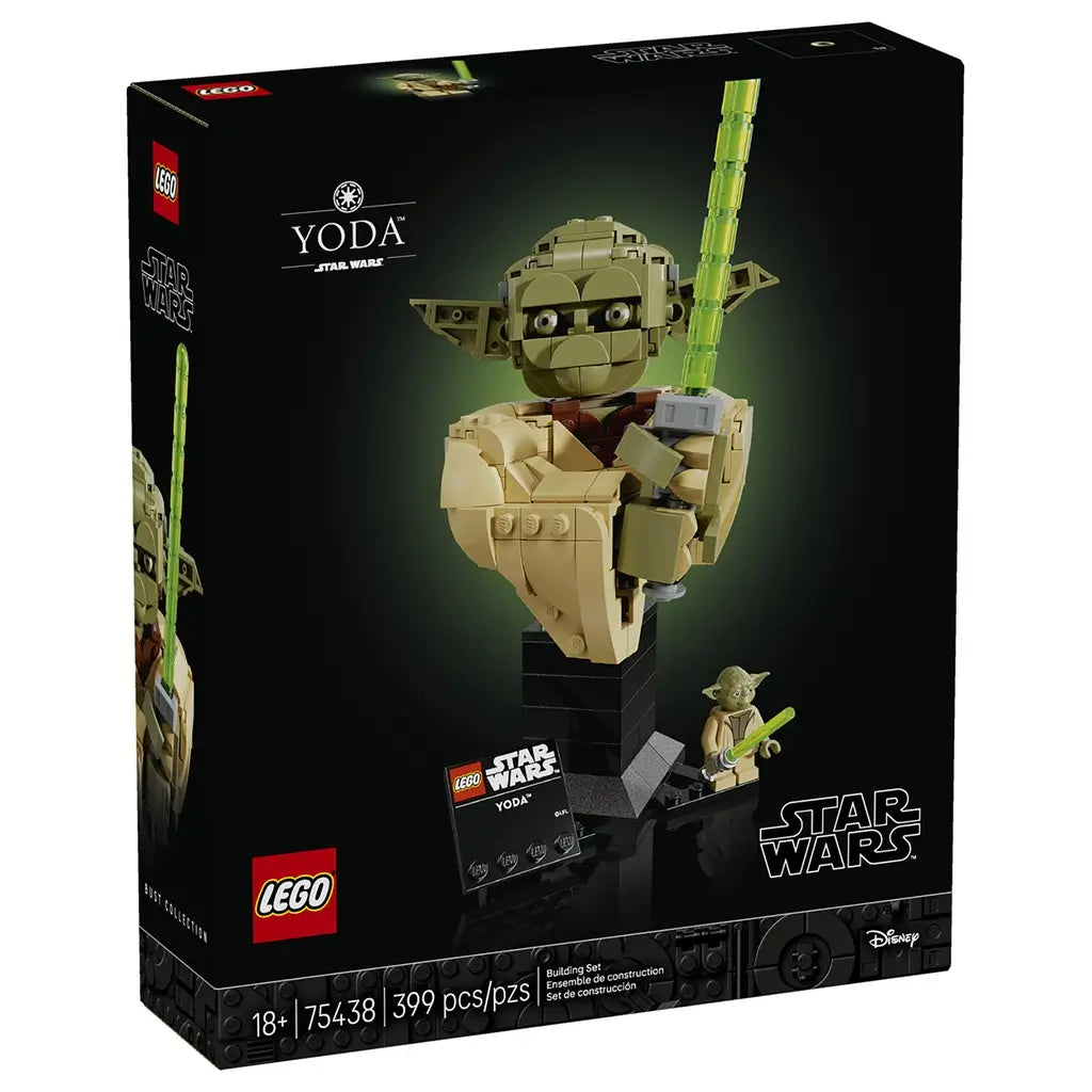 LEGO Star Wars Yoda retail box features black collector packaging with character artwork, product imagery of the olive green and tan Jedi bust, display plaque and minifigure on a dark background.