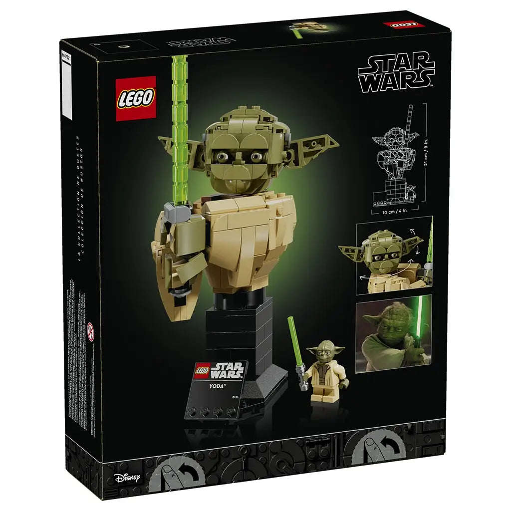 LEGO Star Wars Yoda package back highlights olive green and tan plastic construction, a sculpted Jedi bust with rotating features, green lightsaber, display plaque and minifigure on branded packaging.