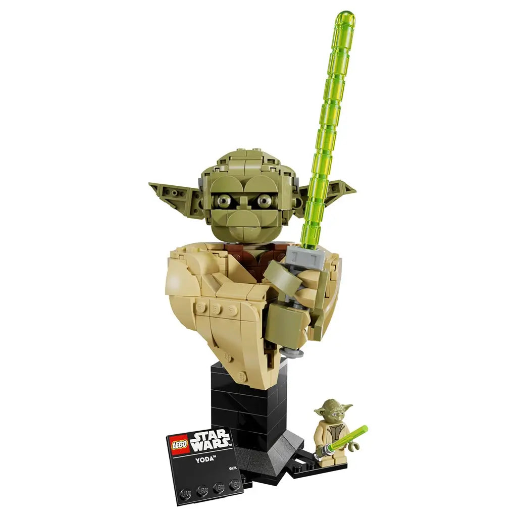 LEGO Star Wars Yoda bust features olive green and tan plastic textures, a rounded Jedi head, robe-inspired form, green lightsaber, display stand, plaque and minifigure on a clean studio background.