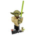 LEGO Star Wars Yoda bust features olive green and tan plastic textures, a rounded Jedi head, robe-inspired form, green lightsaber, display stand, plaque and minifigure on a clean studio background.