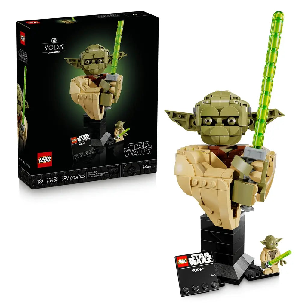 LEGO Star Wars Yoda bust features olive green and tan plastic bricks, a sculpted Jedi head and robe form, glowing green lightsaber, display plaque and minifigure beside the retail box on a light studio background.