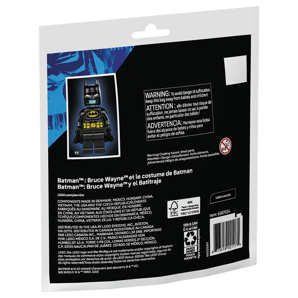LEGO Batman building set package back showing black cardboard packaging, flat glossy print, product image of Batman minifigure, safety warnings, multilingual text, recycling icons, and legal information for the DC Super Heroes set.