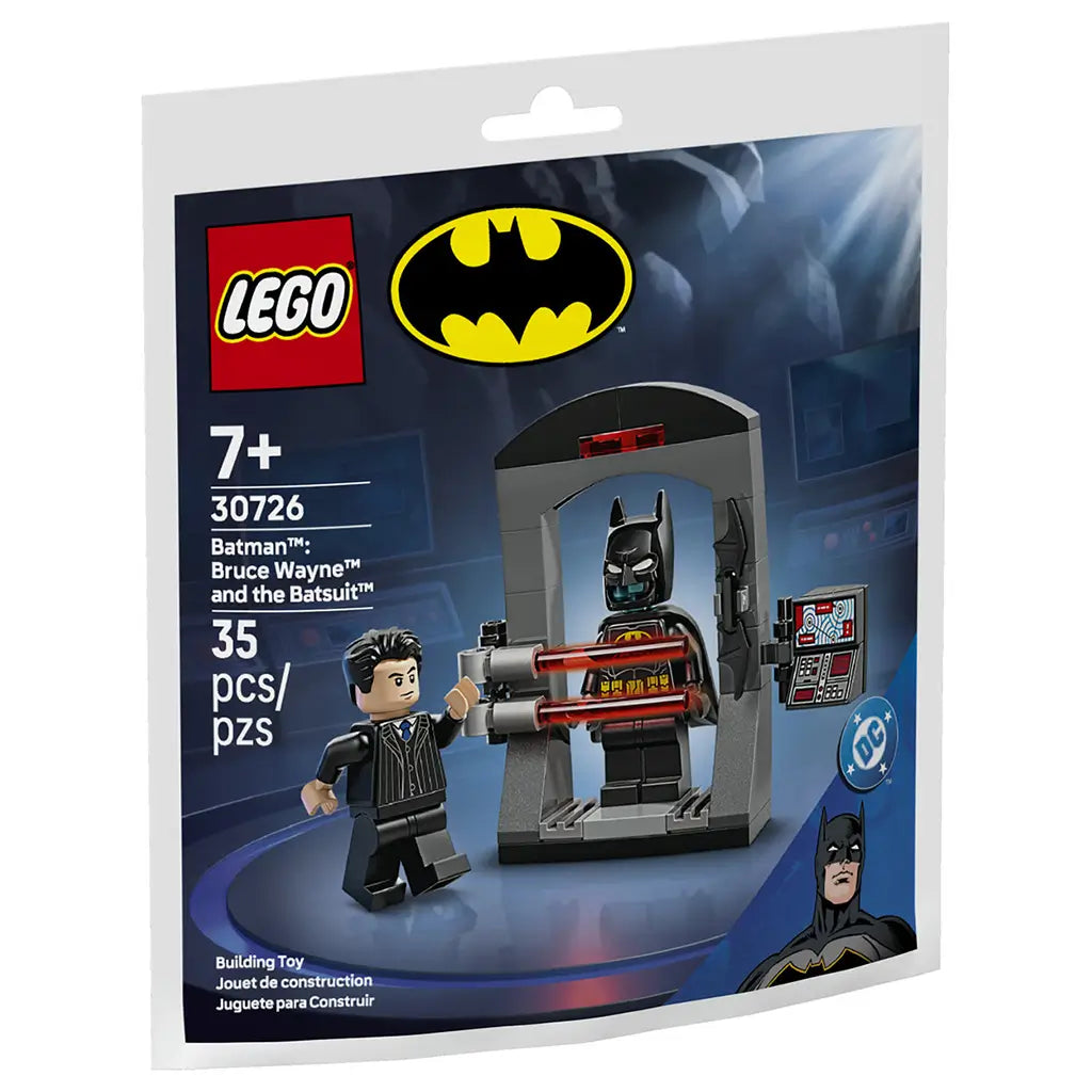 LEGO Batman building set package front showing black and dark blue cardboard artwork, glossy printed finish, Batman logo, Bruce Wayne minifigure, transforming Batsuit chamber, red laser bars, age 7+ label, and 35-piece count.