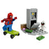 LEGO Marvel Spider-Man vs. Anti-Venom Heist toy display showing red, blue, gray, and green plastic bricks, Spider-Man minifigure on a skateboard, Anti-Venom figure, ATM build, money tiles, and action play scene on white.